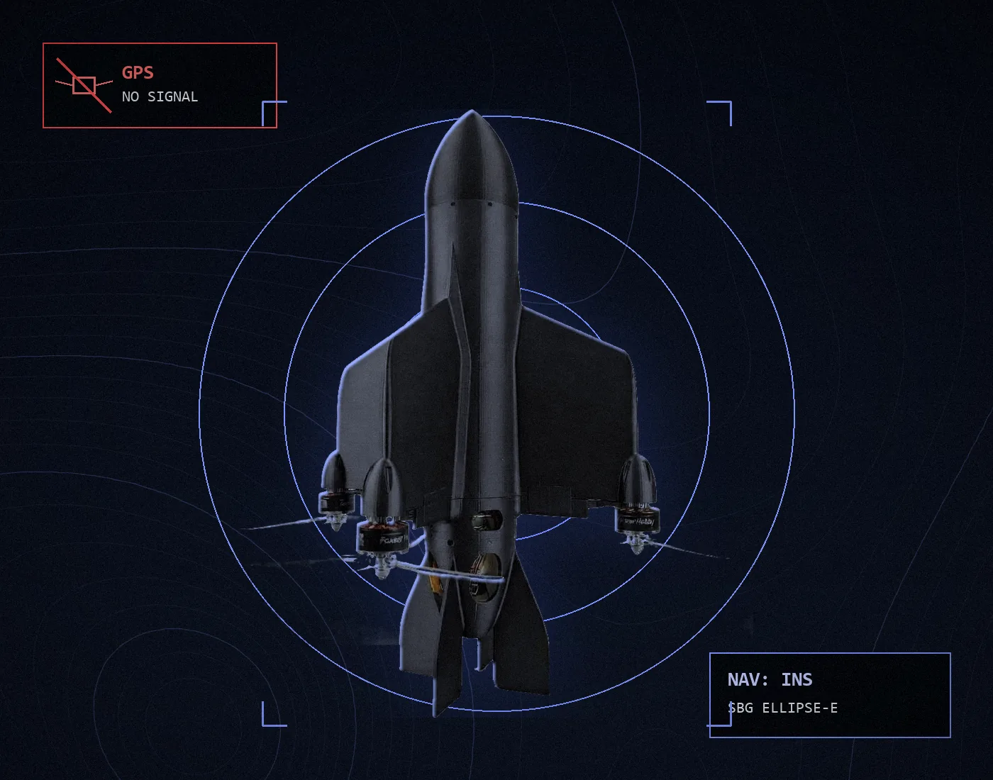 Model Interceptor-1 with a GPS no-signal indicator and INS navigation label