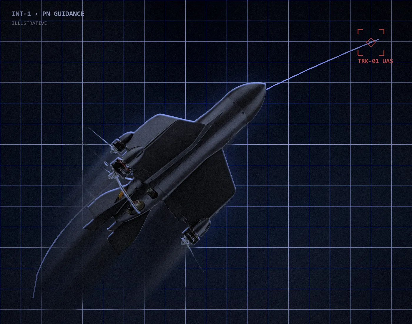 Model Interceptor-1 following a curved intercept path towards a hostile drone marker on a tactical grid (composite illustration)